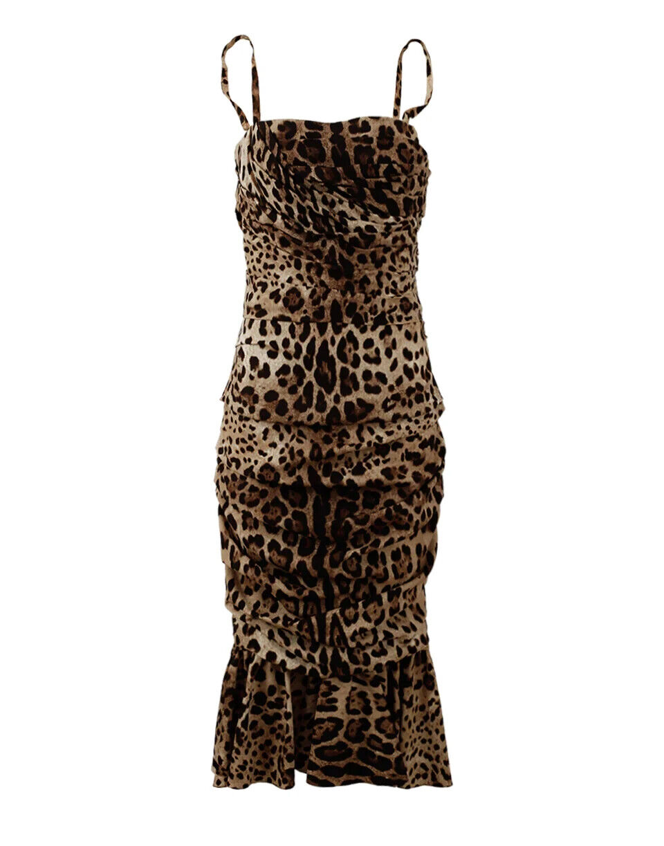 Abito midi arricciato con stampa leopardata marrone Dolce &amp; Gabbana
