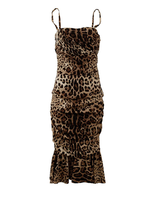 Abito midi arricciato con stampa leopardata marrone Dolce &amp; Gabbana