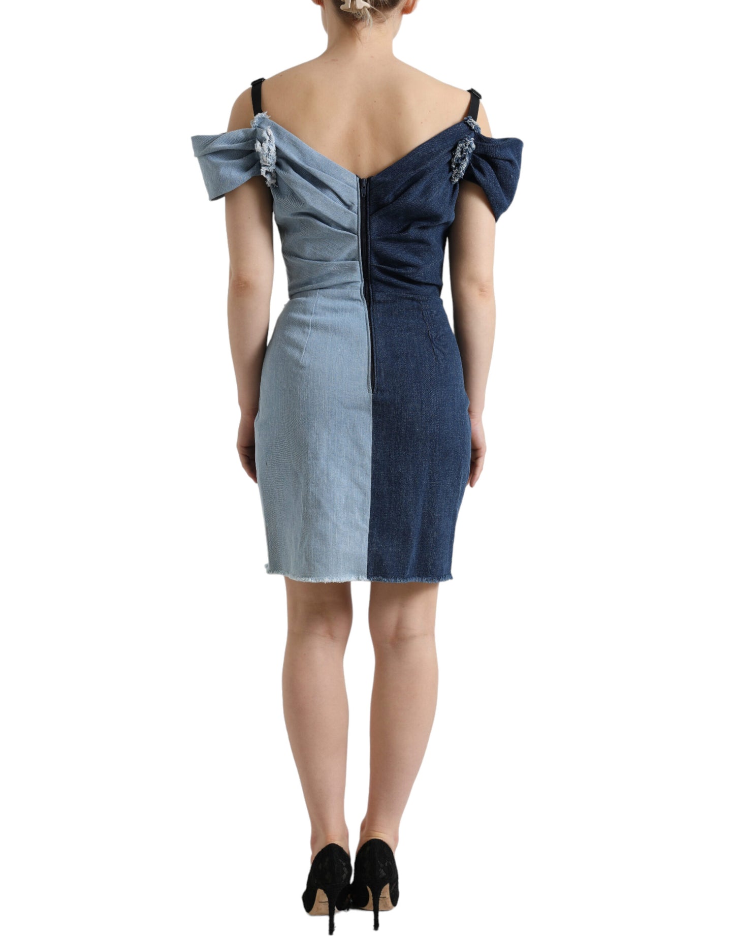 Mini abito in denim bicolore patchwork blu Dolce &amp; Gabbana
