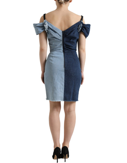Mini abito in denim bicolore patchwork blu Dolce &amp; Gabbana