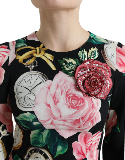 Abito a trapezio in pizzo nero con decorazioni floreali di Dolce &amp; Gabbana