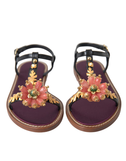 Sandali in pelle Dolce &amp; Gabbana neri con cristalli dorati