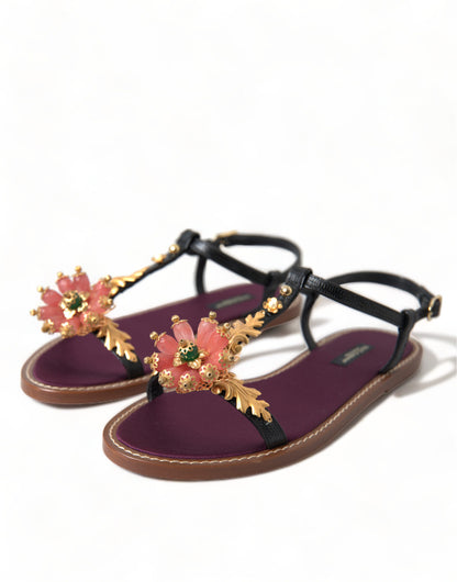 Sandali in pelle Dolce &amp; Gabbana neri con cristalli dorati