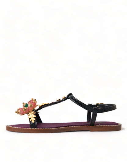 Sandali in pelle Dolce &amp; Gabbana neri con cristalli dorati