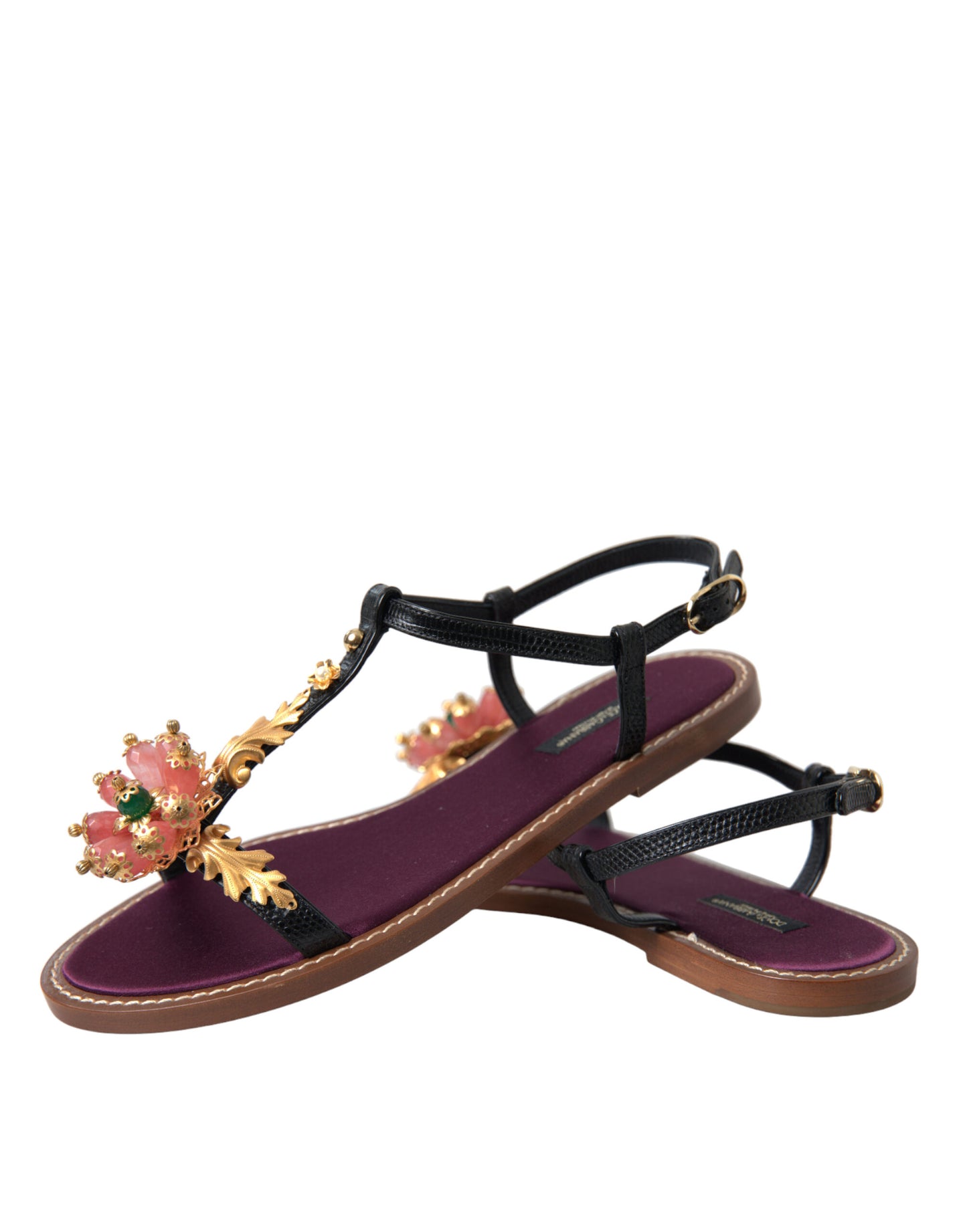 Sandali in pelle Dolce &amp; Gabbana neri con cristalli dorati