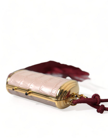 Borsa per il trucco con mini specchio e nappe in pelle esotica rosa Dolce &amp; Gabbana