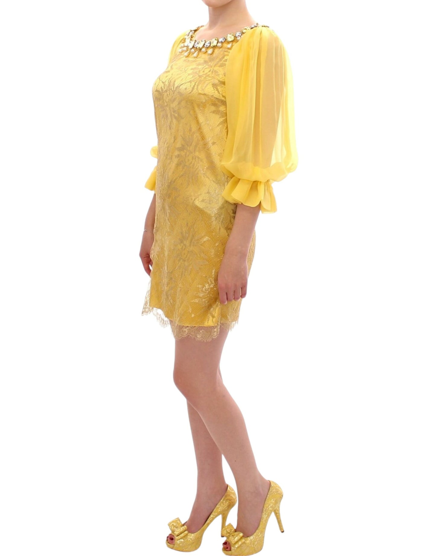 Mini abito in pizzo giallo con cristalli Dolce &amp; Gabbana