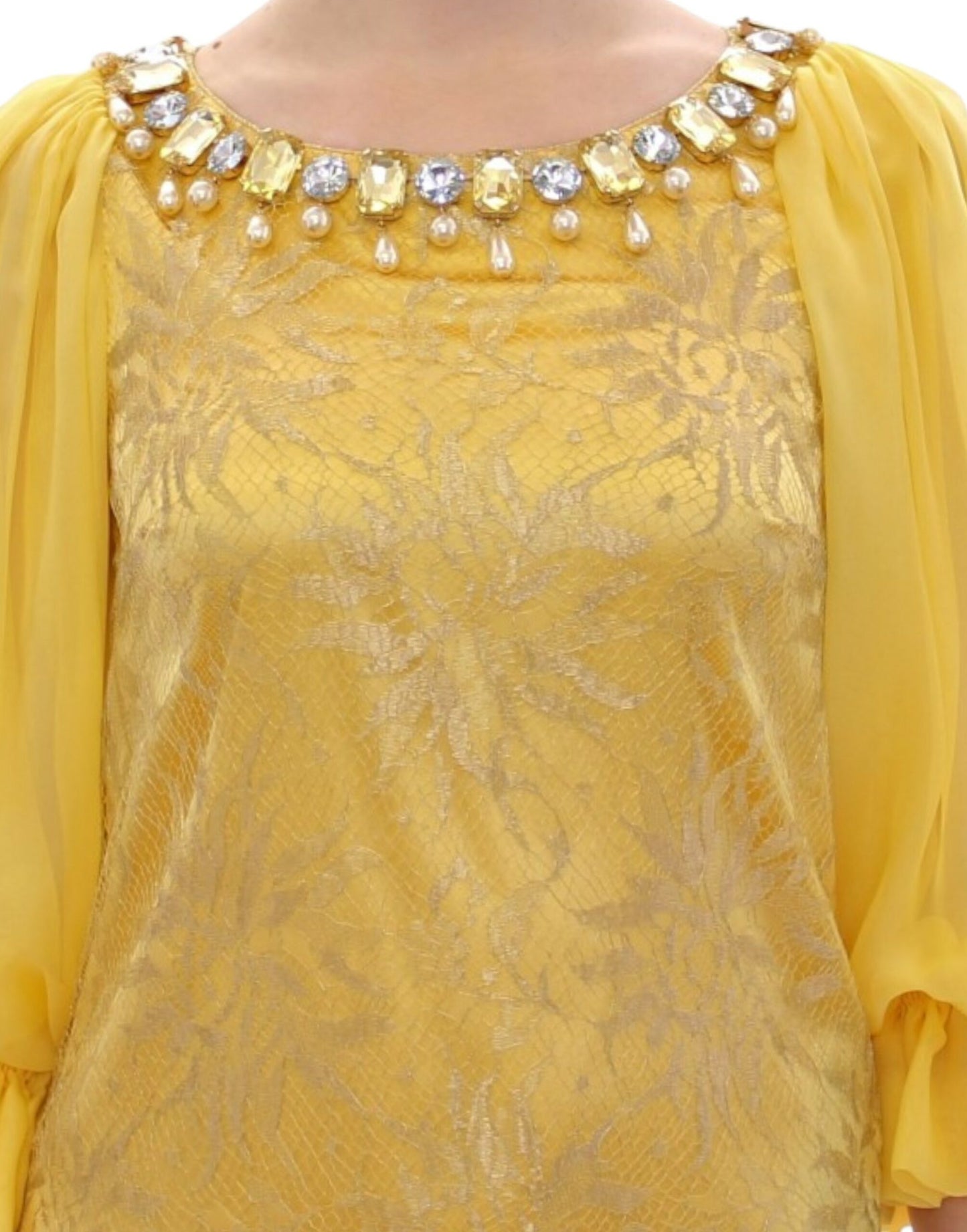 Mini abito in pizzo giallo con cristalli Dolce &amp; Gabbana