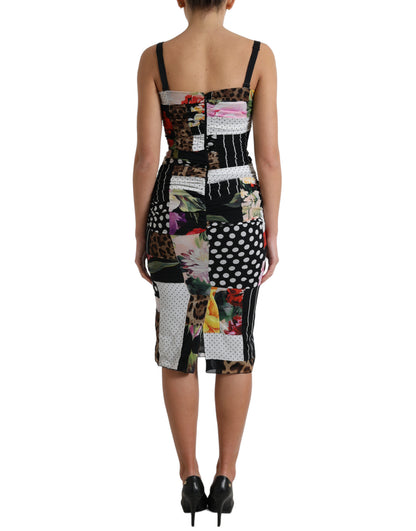 Dolce &amp; Gabbana Abito midi aderente con stampa leopardata floreale patchwork multicolore