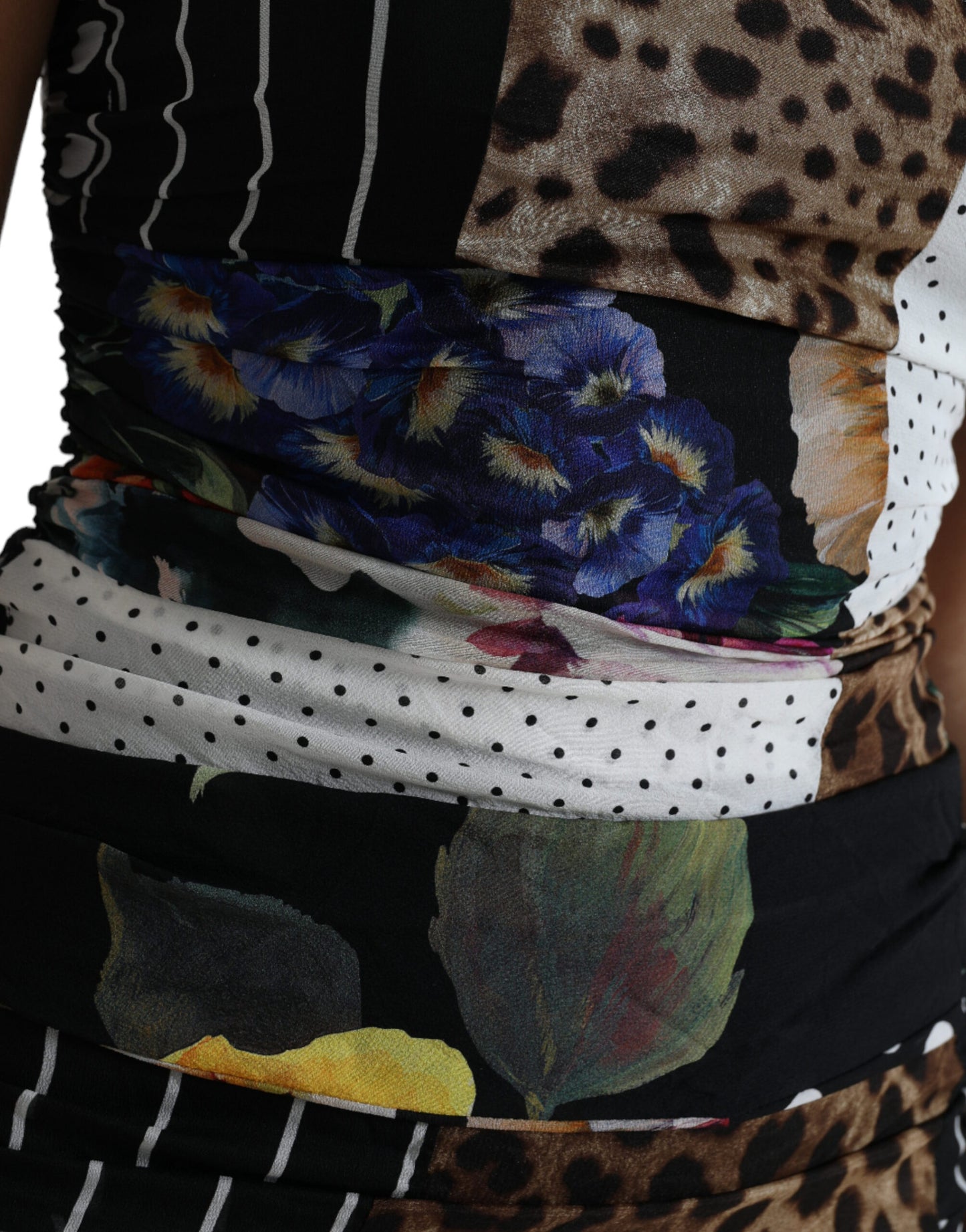 Dolce &amp; Gabbana Abito midi aderente con stampa leopardata floreale patchwork multicolore