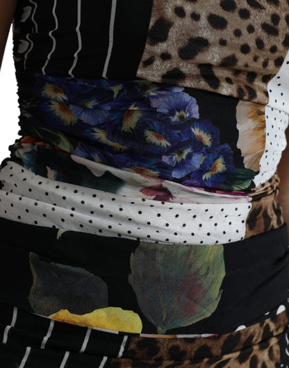 Dolce &amp; Gabbana Abito midi aderente con stampa leopardata floreale patchwork multicolore