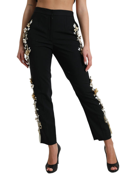 Pantaloni affusolati a vita alta con applicazioni floreali nere Dolce &amp; Gabbana