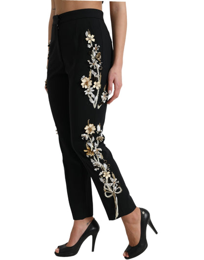 Pantaloni affusolati a vita alta con applicazioni floreali nere Dolce &amp; Gabbana