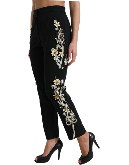 Pantaloni affusolati a vita alta con applicazioni floreali nere Dolce &amp; Gabbana