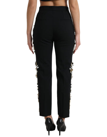 Pantaloni affusolati a vita alta con applicazioni floreali nere Dolce &amp; Gabbana
