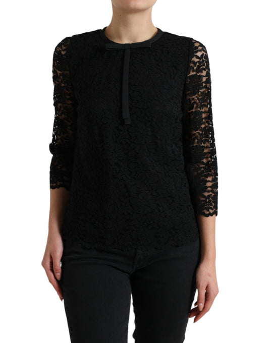 Dolce &amp; Gabbana Blusa STAFF nera Top in nylon con pizzo floreale