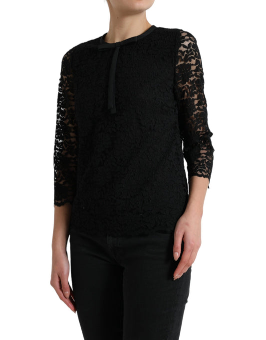 Dolce &amp; Gabbana Blusa STAFF nera Top in nylon con pizzo floreale