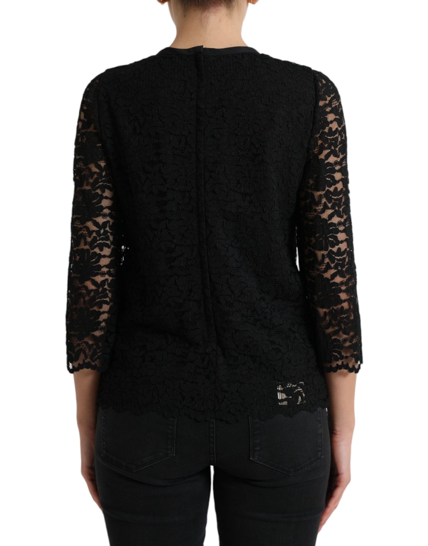 Dolce &amp; Gabbana Blusa STAFF nera Top in nylon con pizzo floreale