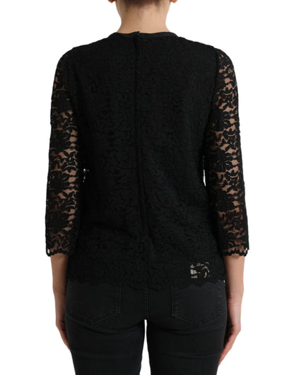 Dolce &amp; Gabbana Blusa STAFF nera Top in nylon con pizzo floreale