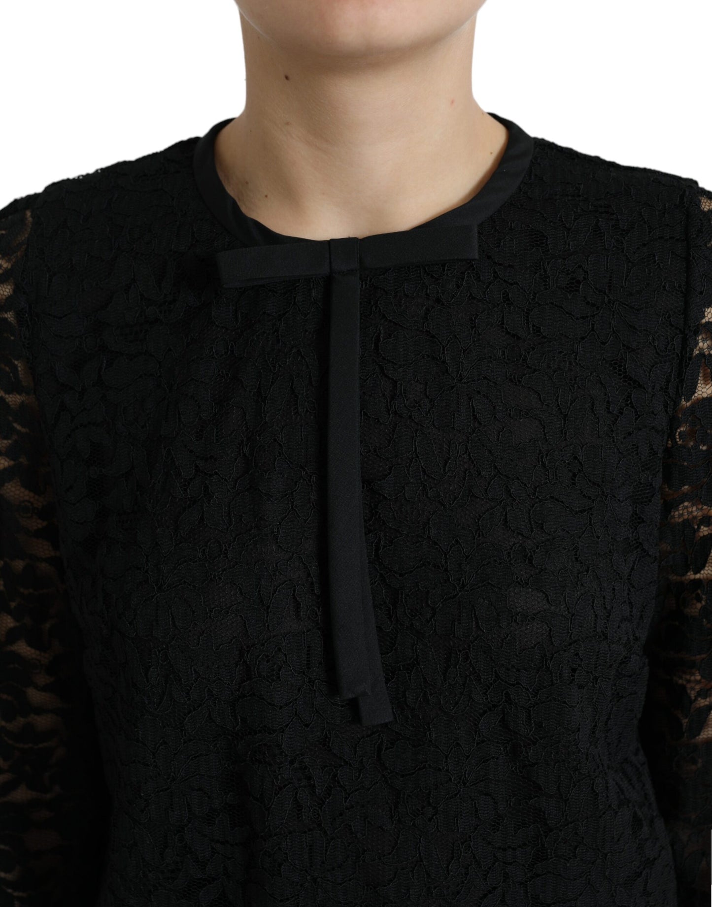 Dolce &amp; Gabbana Blusa STAFF nera Top in nylon con pizzo floreale
