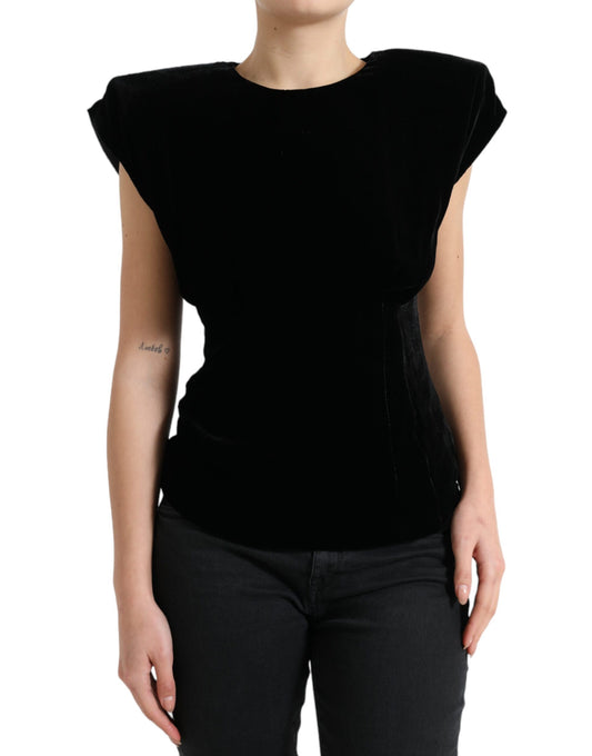 Dolce &amp; Gabbana Top blusa aderente in velluto nero con spalle imbottite