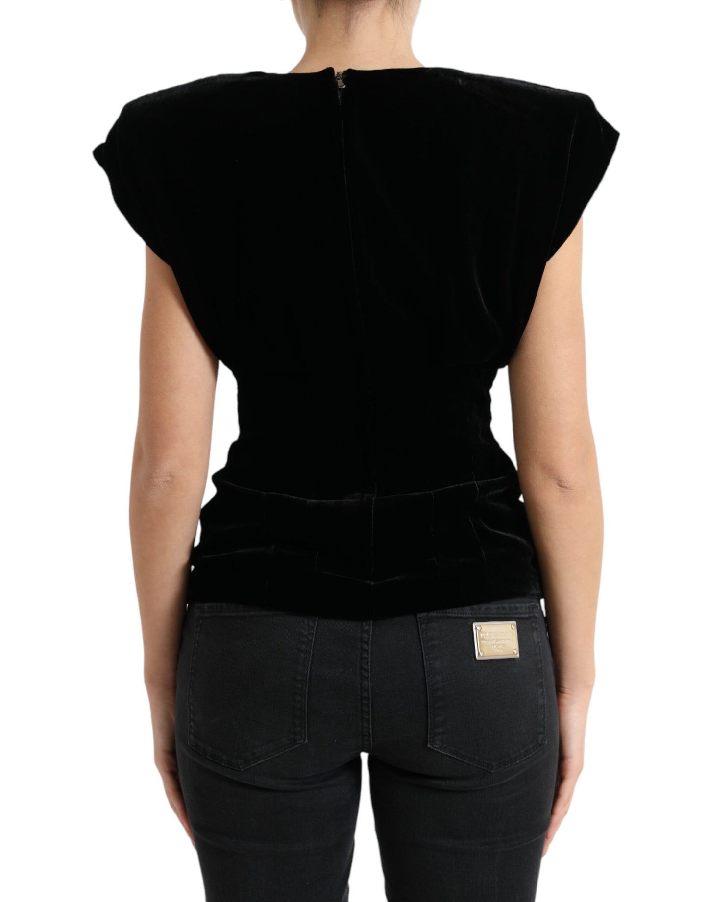 Dolce &amp; Gabbana Top blusa aderente in velluto nero con spalle imbottite