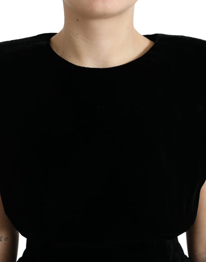 Dolce &amp; Gabbana Top blusa aderente in velluto nero con spalle imbottite