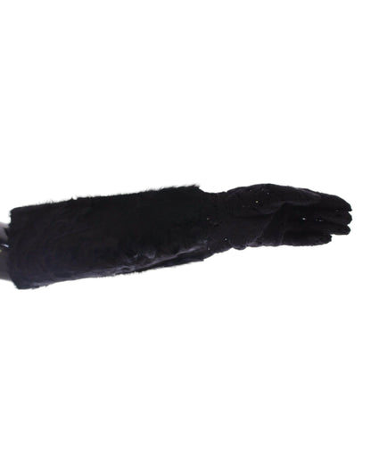 Guanti da gomito in pelliccia di agnello e lana con pizzo nero Dolce &amp; Gabbana
