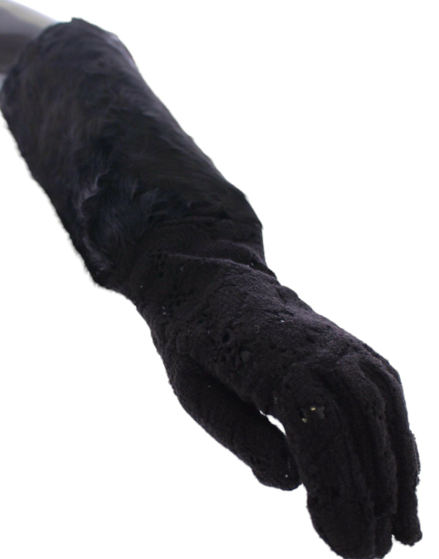 Guanti da gomito in pelliccia di agnello e lana con pizzo nero Dolce &amp; Gabbana