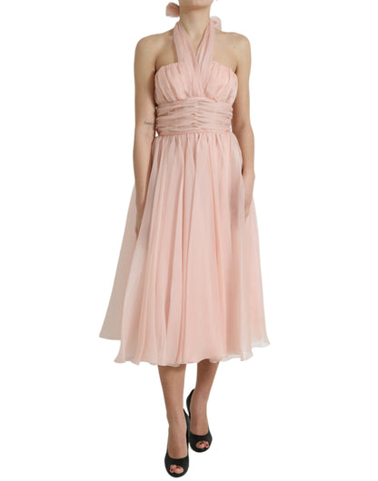 Dolce &amp; Gabbana Abito midi plissettato in chiffon di seta rosa con scollo all'americana