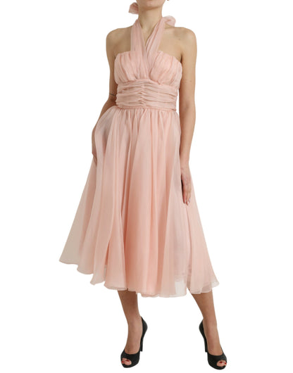 Dolce &amp; Gabbana Abito midi plissettato in chiffon di seta rosa con scollo all'americana