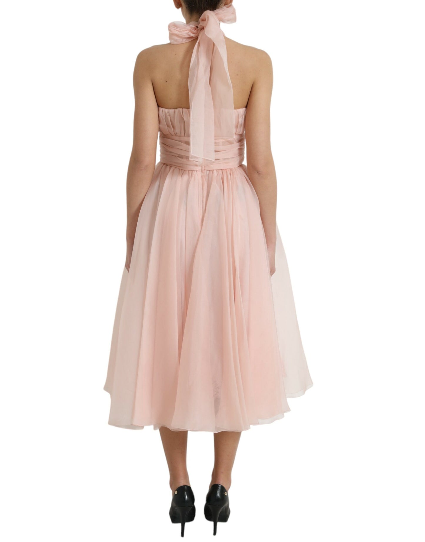 Dolce &amp; Gabbana Abito midi plissettato in chiffon di seta rosa con scollo all'americana