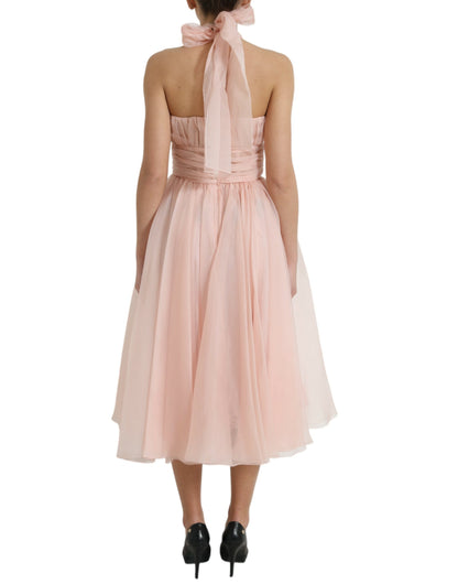 Dolce &amp; Gabbana Abito midi plissettato in chiffon di seta rosa con scollo all'americana