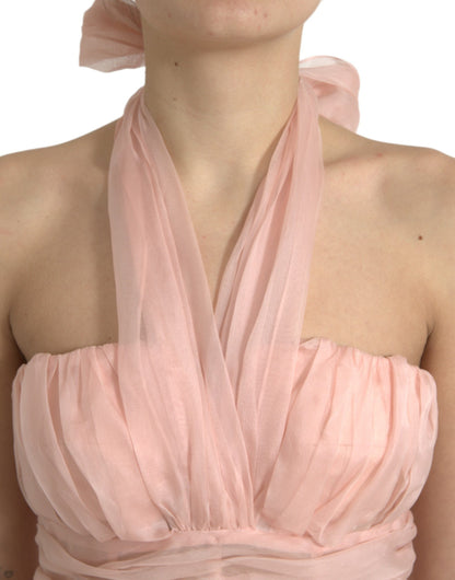 Dolce &amp; Gabbana Abito midi plissettato in chiffon di seta rosa con scollo all'americana