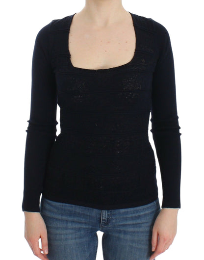 Maglione elasticizzato in lana blu lavorato a maglia Ermanno Scervino