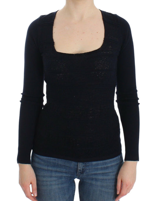 Maglione elasticizzato in lana blu lavorato a maglia Ermanno Scervino