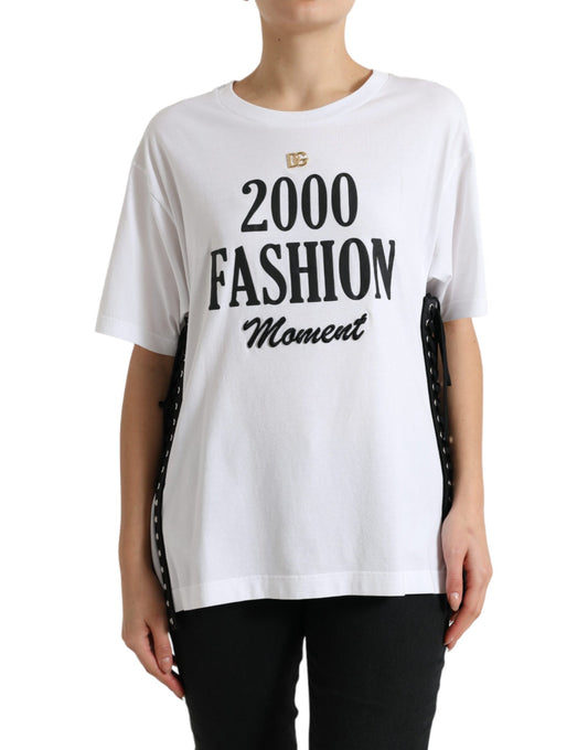 T-shirt Dolce &amp; Gabbana con stampa slogan bianca e dettagli allacciati