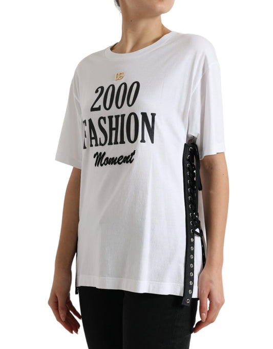 T-shirt Dolce &amp; Gabbana con stampa slogan bianca e dettagli allacciati
