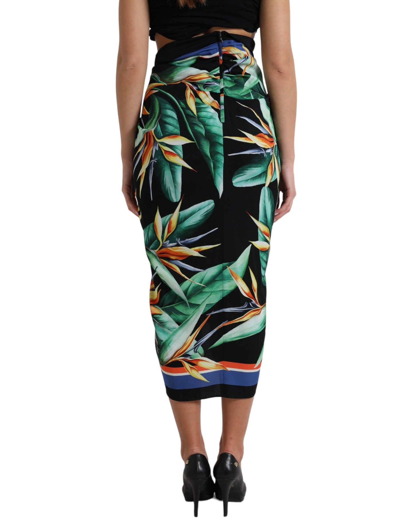 Gonna midi a portafoglio con vita alta in strelitzia nera Dolce &amp; Gabbana