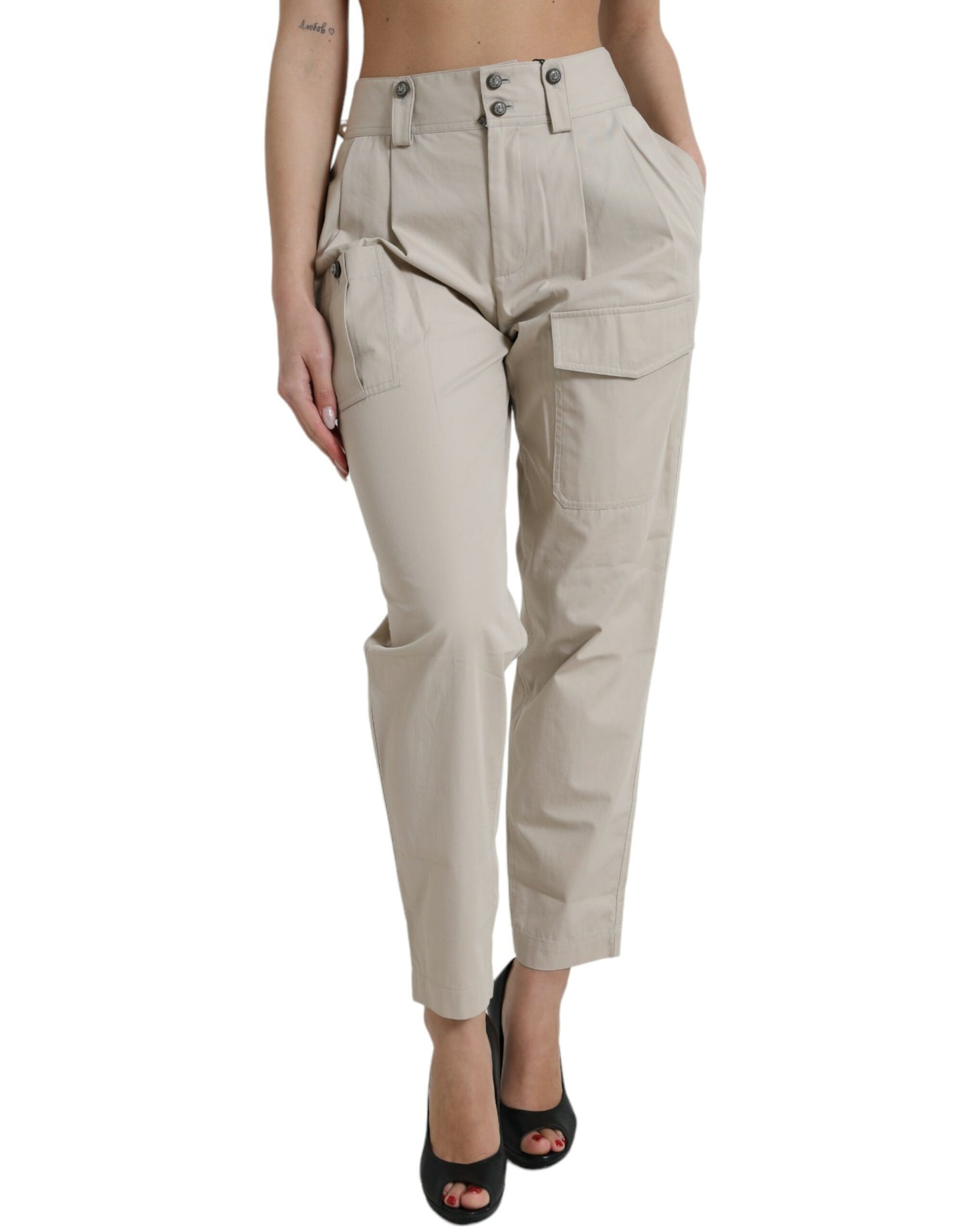 Pantaloni affusolati a vita alta in cotone beige Dolce &amp; Gabbana