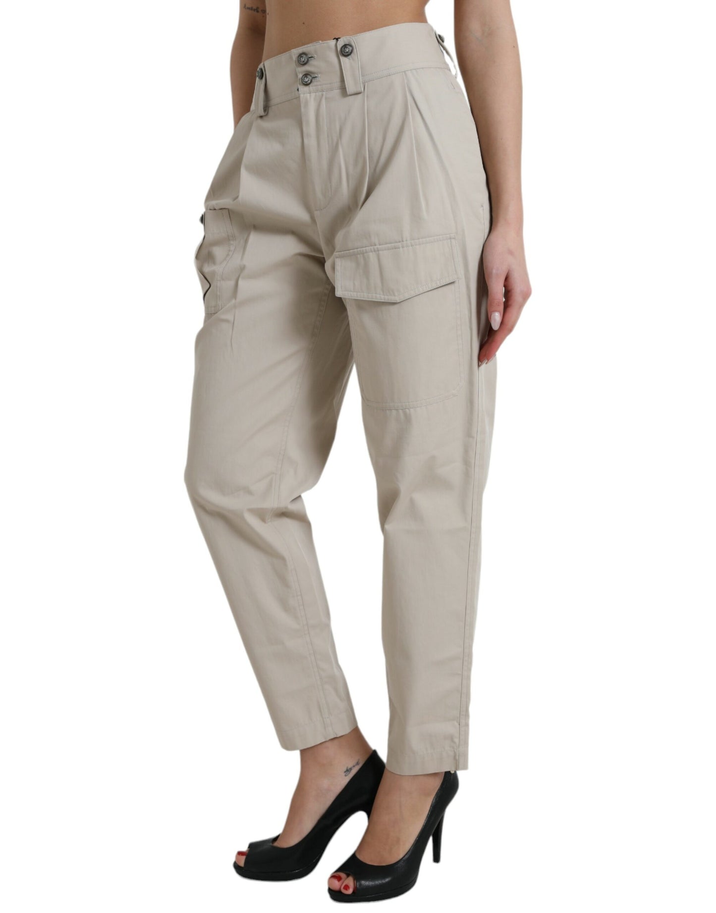 Pantaloni affusolati a vita alta in cotone beige Dolce &amp; Gabbana