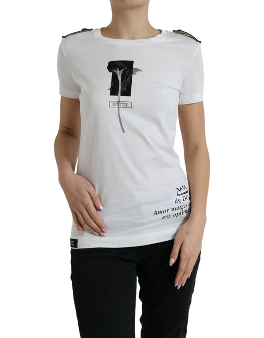 T-shirt girocollo in cotone con rose bianche e nere di Dolce &amp; Gabbana
