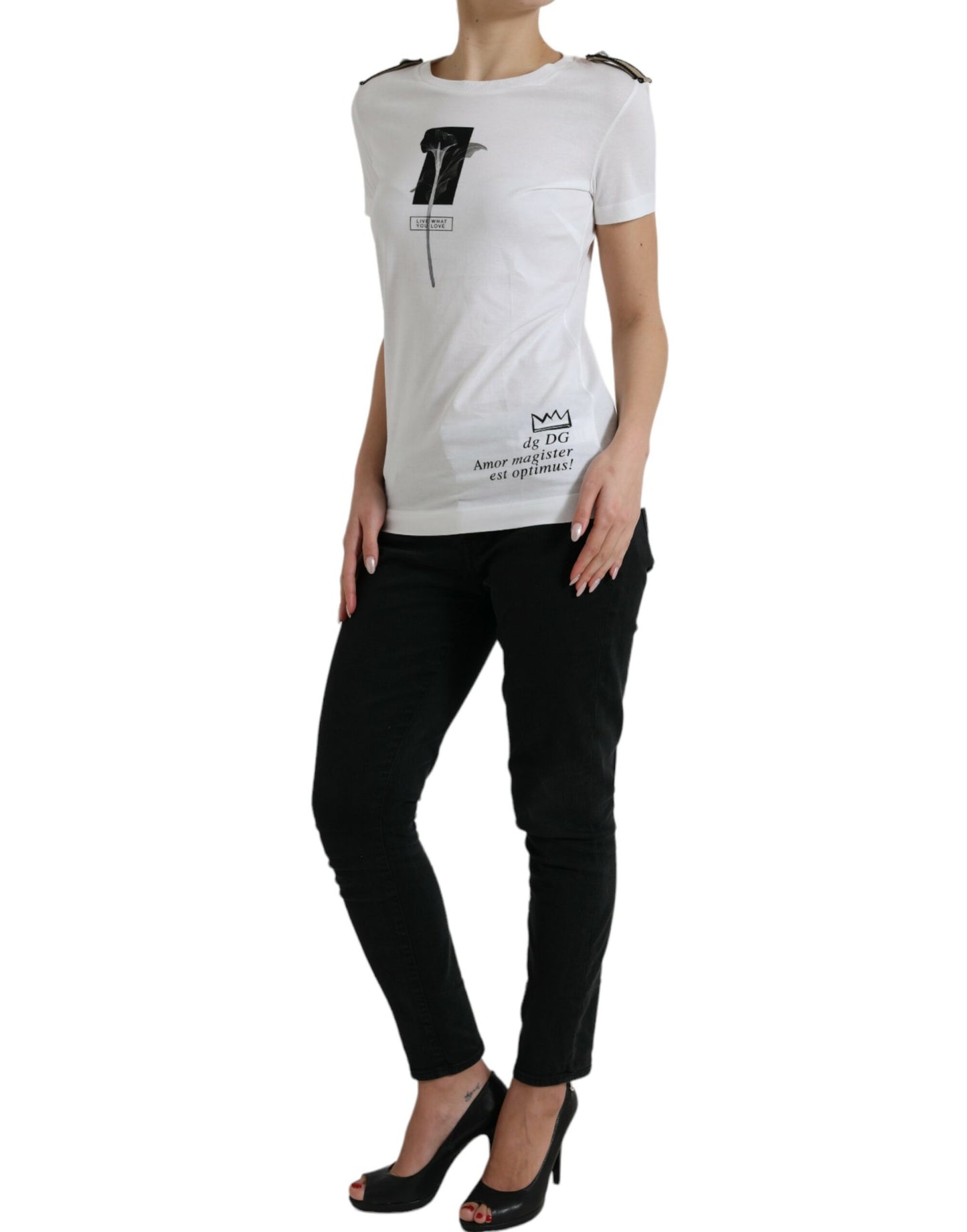 T-shirt girocollo in cotone con rose bianche e nere di Dolce &amp; Gabbana