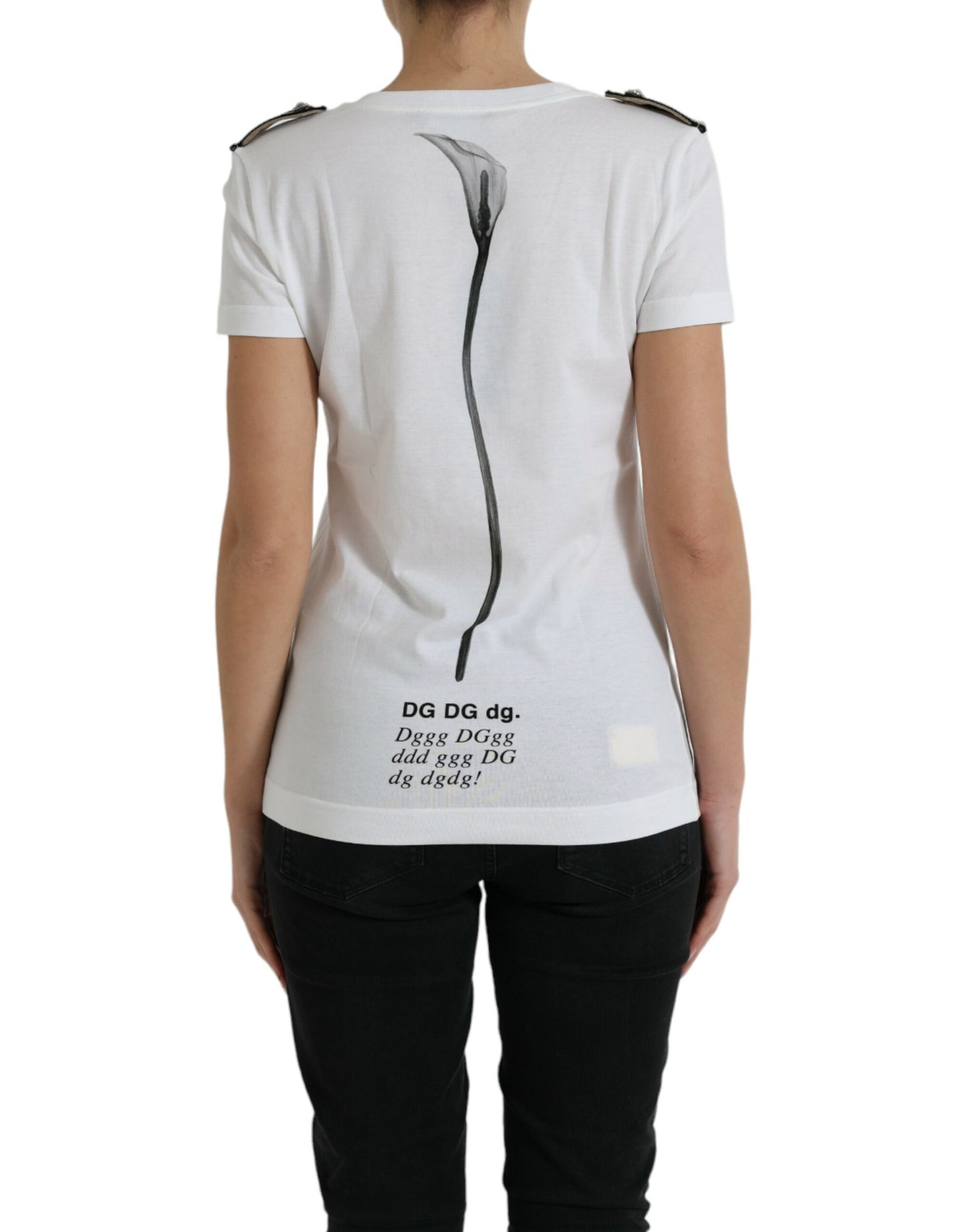 T-shirt girocollo in cotone con rose bianche e nere di Dolce &amp; Gabbana