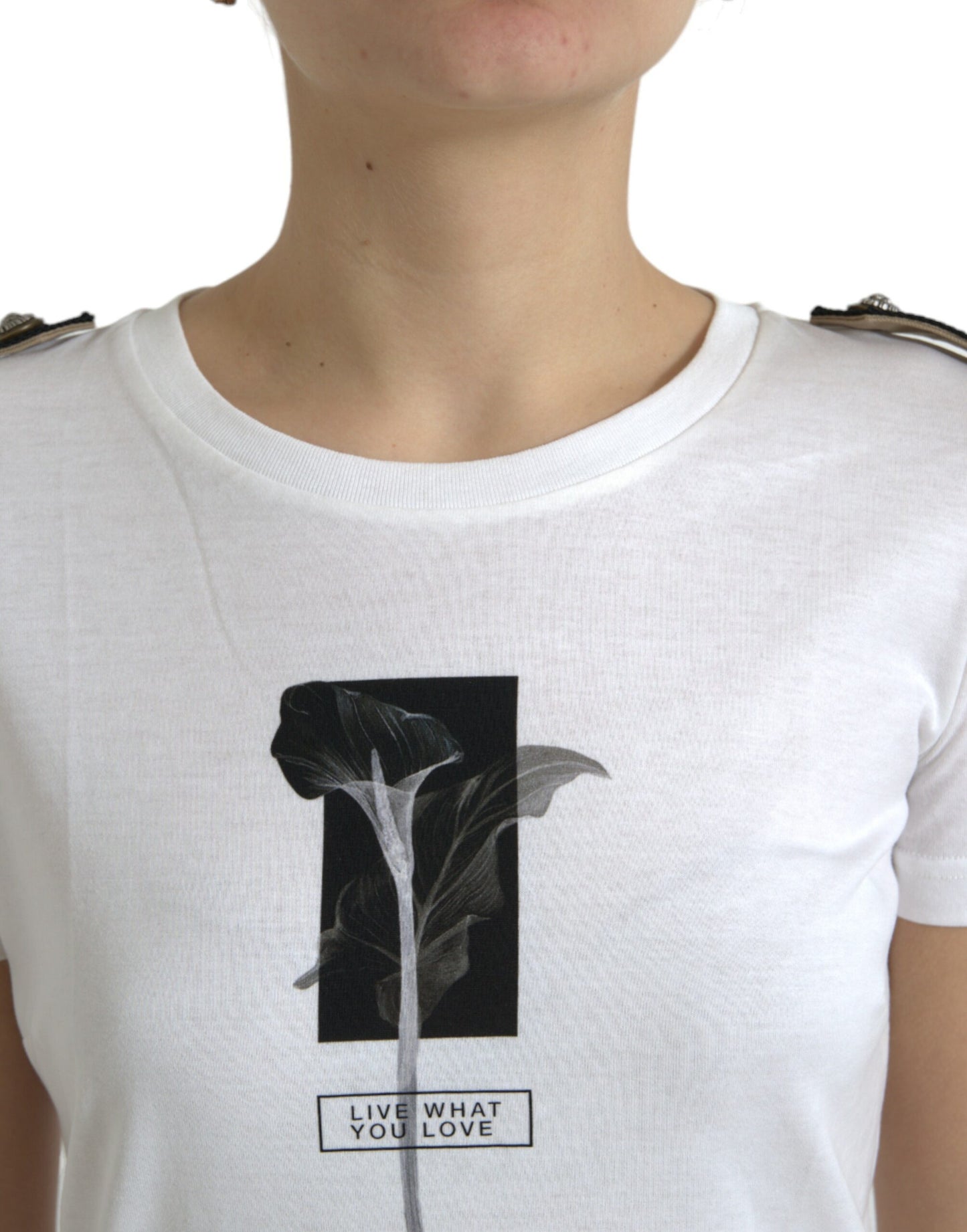 T-shirt girocollo in cotone con rose bianche e nere di Dolce &amp; Gabbana