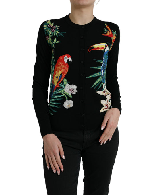 Dolce &amp; Gabbana Black Bird Wool Cardigan a maniche lunghe