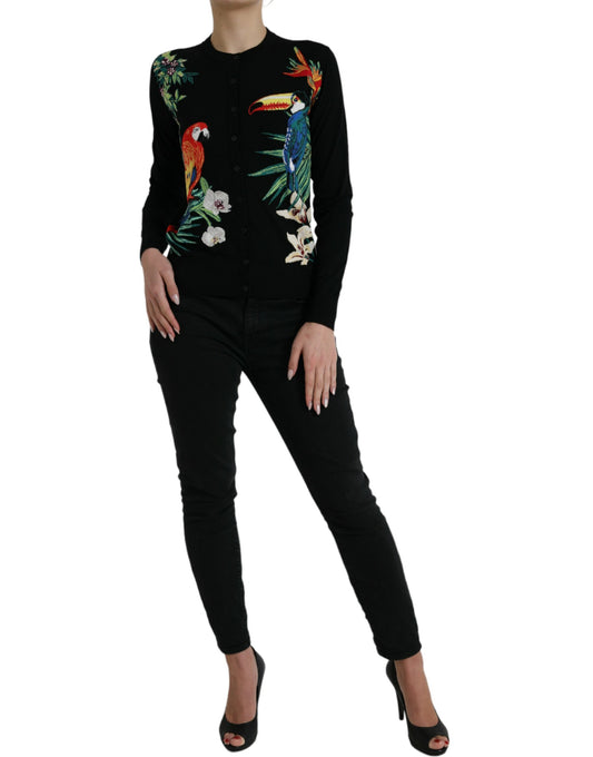 Dolce &amp; Gabbana Black Bird Wool Cardigan a maniche lunghe