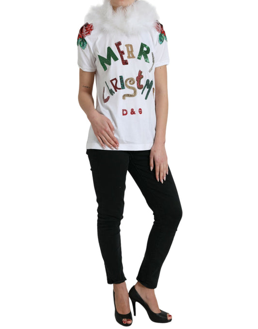 T-shirt natalizia in cotone bianco con paillettes e pelliccia Dolce &amp; Gabbana