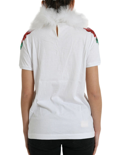 T-shirt natalizia in cotone bianco con paillettes e pelliccia Dolce &amp; Gabbana