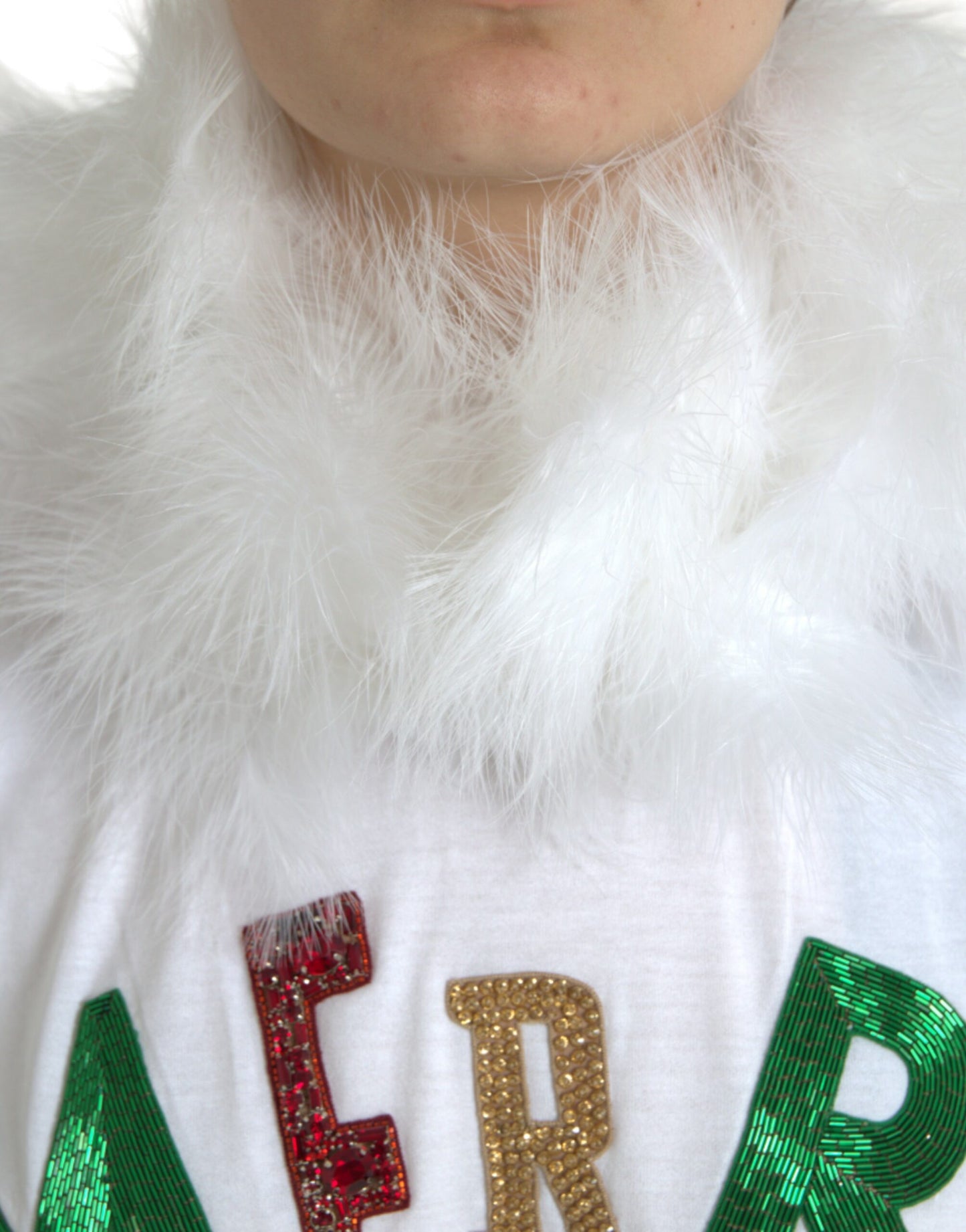 T-shirt natalizia in cotone bianco con paillettes e pelliccia Dolce &amp; Gabbana